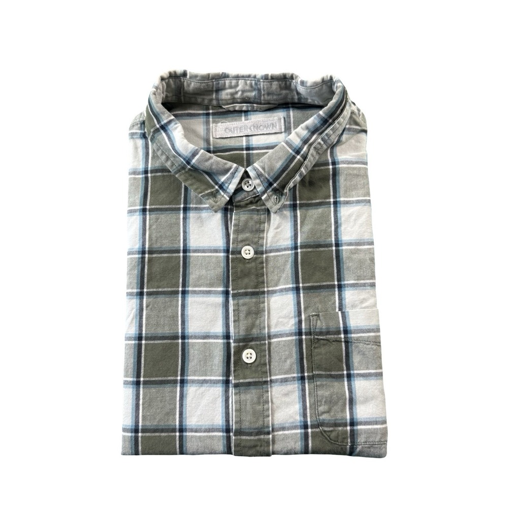 Outerknown Mens Gray Blue Checked Organic Cotton SS Button Down Shirt Large